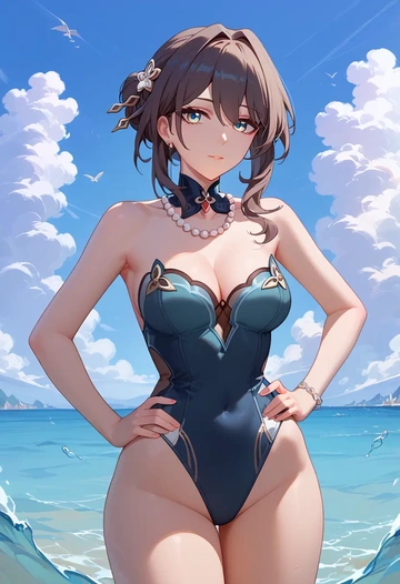 star rail,ruan mei,racerback swimsuit,striped trim,name tag patch  - AI generated anime art